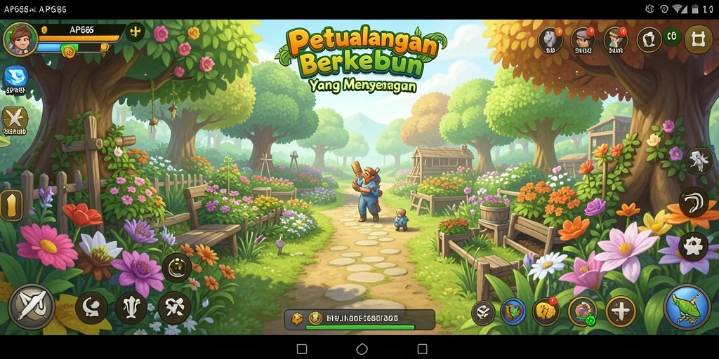 Tangkapan layar gameplay yang menampilkan kebun yang indah di AP686.