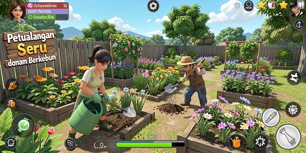 Tangkapan layar gameplay D73 yang menunjukkan suasana pertanian yang asri.