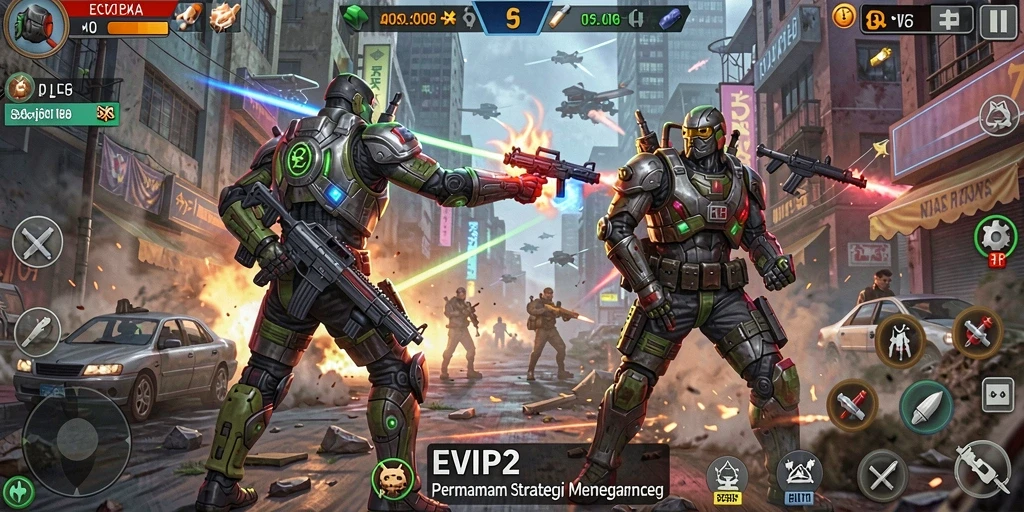 Tangkapan layar gameplay EVIP2 menampilkan pertempuran strategi yang mendebarkan.