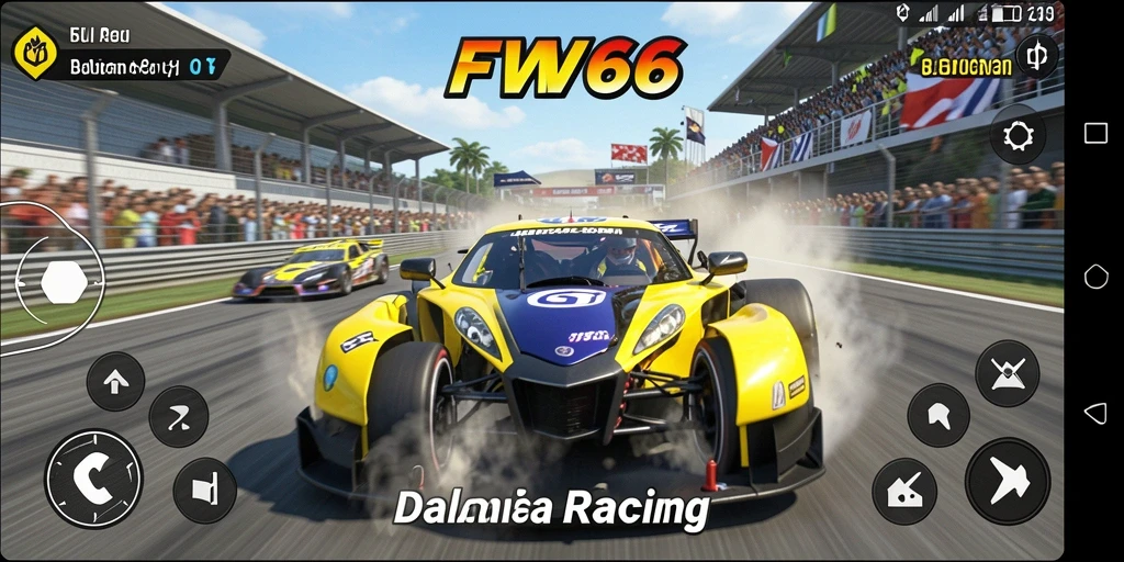Screenshot dari gameplay FW66 menampilkan aksi balapan yang mendebarkan.