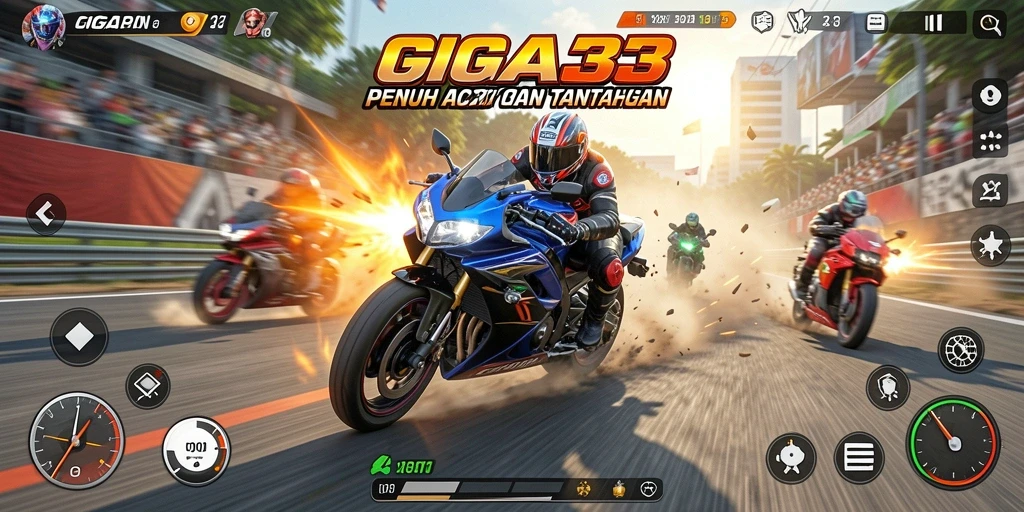 Screenshot gameplay GIGA33 menunjukkan aksi balapan motor yang mendebarkan.