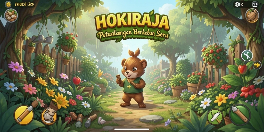 Tampilan gameplay HOKIRAJA yang menampilkan kebun yang indah dan produktif.