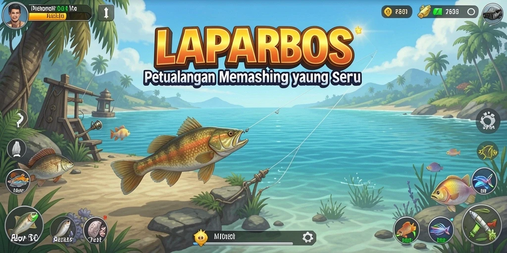 Screenshot LAPARBOS menampilkan pemain sedang memancing di danau yang indah.