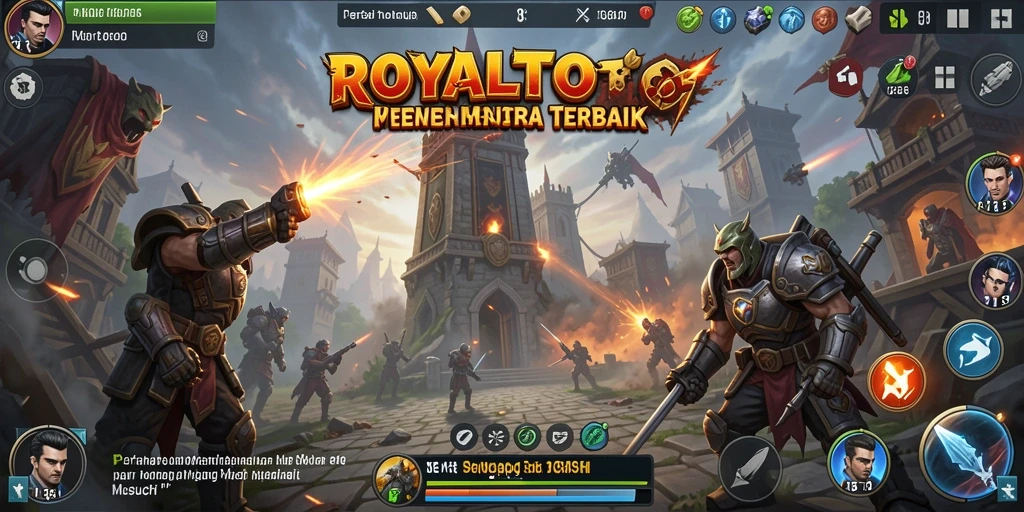 Screenshot utama ROYALTOTO menampilkan aksi menara pertahanan melawan serbuan musuh.