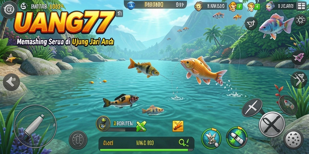 Tampilan gameplay UANG77 dengan berbagai spesies ikan dan lokasi menarik.